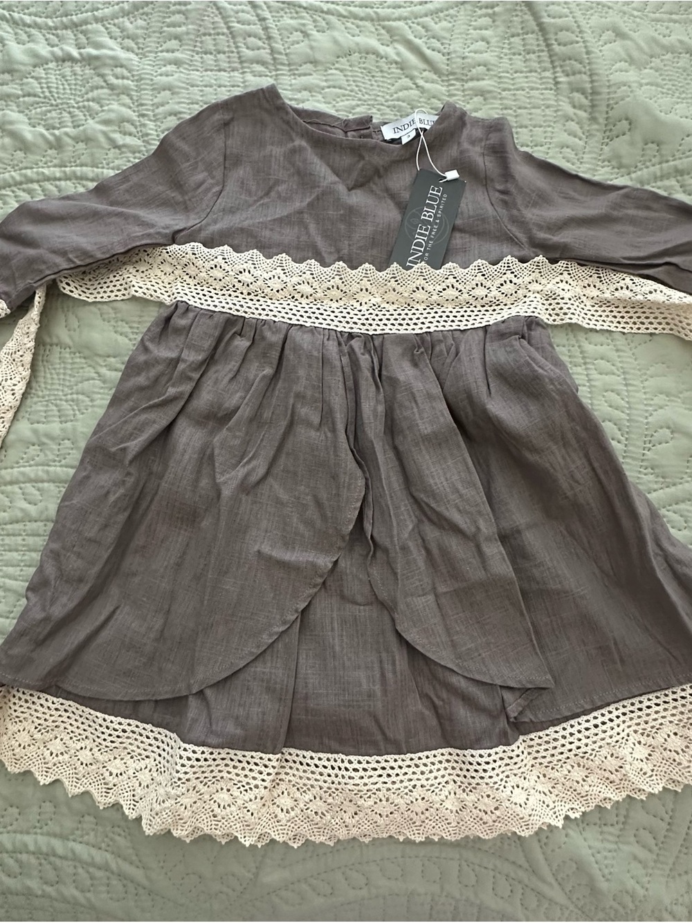 Indie Blue Girls Sz 3T Linen Cotton Blend Lace Trimmed Dress Mocha Muslin NWT